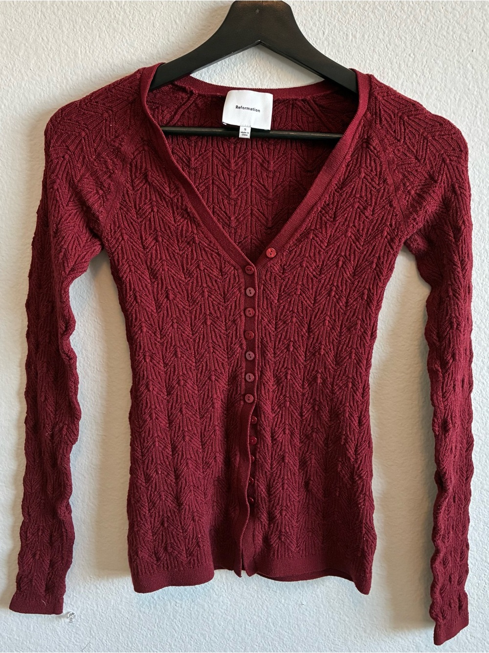 Reformation Wine Red Textured V-Neck Button Cardigan - Picture 3 of 8